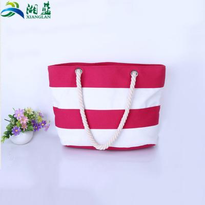 China Friendy Promotional Bag and Strong Beach Canvas Shoulder Bag Rope Handle Stripe Eco Fashion Canvas Beach Tote Bag for sale