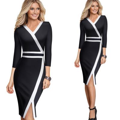 China Hot Selling Anti-wrinkle In Europe And America 3/4 Sleeve V-Neck Sheath Office Lady Professional Elegant Career Dresses Women Clothes for sale