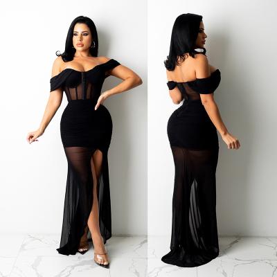 China European Women's Anti-wrinkle New -Shoulder Sexy Mesh Solid Color Dress Nightclub Clothing and American for sale