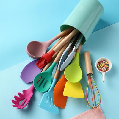 China 12 Pieces Sustainable Kitchenware Silicone Kitchenware Set Colorful Silicone Cooking Spoon With Wooden Handle Kitchen Utensils for sale