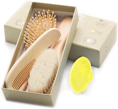 China Eco-friendly Wooden Cushion Baby Hair Brush Comb Set With Natural Goat For Baby Infant for sale