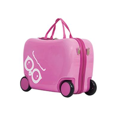 China Hot Selling Bottom Travel 4 Wheels PP Hardshell Travel Kids Suitcase Kids ABS Ride On Luggage for sale