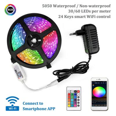 China Residential 5M 10m 15M LED Strip Light Blue Tooth WIFI Control Flexible RGB 5050 30LEDs/M Decoration Bedroom for sale