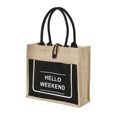 China Eco-Friendly Jute Tote Bags With Cotton Pocket And Buttoned Closure Logo Burlap Grocery Shopping Bag Customizable Totes for sale