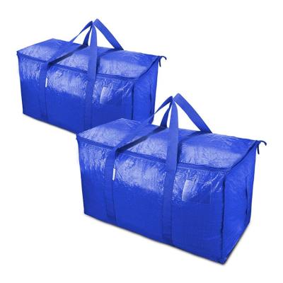 China Blue Woven PE Woven Large Storage Bags Movable Bags Tote Bags With Zippers For Covering Clothing Storage for sale