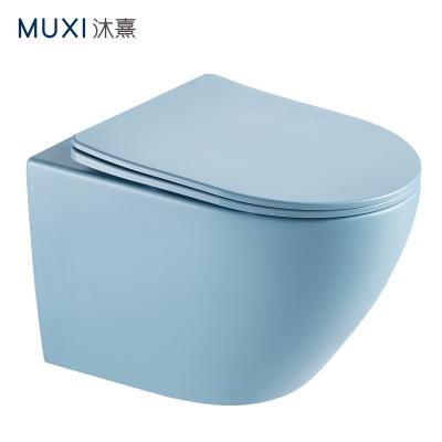 China Wall Hung Toilet Ceramic Rimless Washdown Ware Double-Flow Color Toiletries European Modern Matt Blue Wall Mounted Toilet Sanitary for sale