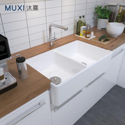 China Without Faucet Modern White Color Porcelain Apron Farmhouse Sink Deep Ceramic Kitchen Sink With Double Bowl for sale