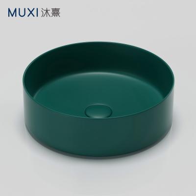 China New Modern Round Matt Green Bathroom Sink Ceramic Color Wash Basin Matt Green Art Basin Bathroom Hand Sink for sale