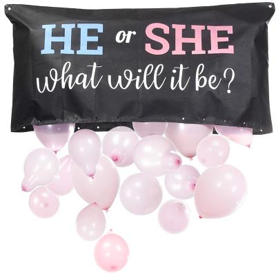 China Gender Reveal Gender Reveal Balloon Drop Bag with Blue and Pink Balloons and Pump Him or Her What It Will Be for sale