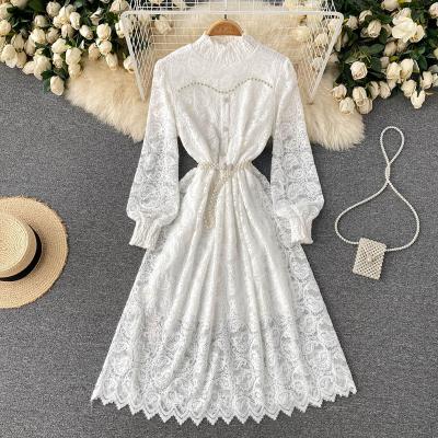 China High Quality Elegant White Button Anti-Static Crystal Trim Hem Guipure Lace Puff Sleeve Holder Neck Pearl Midi Dress For Women for sale