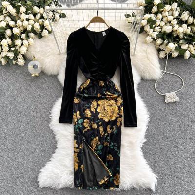 China Anti-Static Elegant High Waist Anti-Static Velvet Winter Zipper Back Print Split Bodycon Knee Length Dress For Women for sale