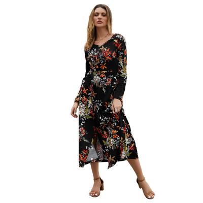 China Anti-wrinkle V-Neck Dress Women Vacation Beach Long Dresses Floral Print Autumn Winter Casual Simple Style Ladies Vestidos De Fiesta Boho for sale