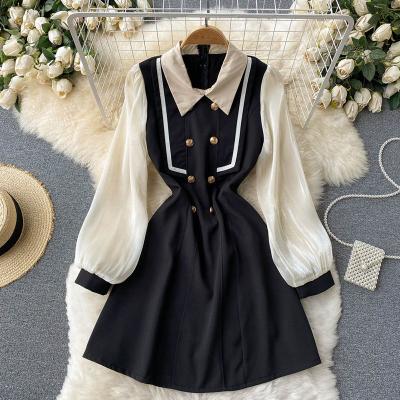 China Anti-Static Winter Casual Turn Down Collar Patchwork Long Sleeve Criss-Cross Short Dress Zipper Back For Women for sale