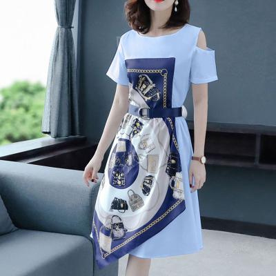 China Anti-Static Casual O Neck Hollow Out Short Sleeve T-shirts Edge Women Fashion Scarves Patchwork Print Midi Dress Ladies Clothing for sale