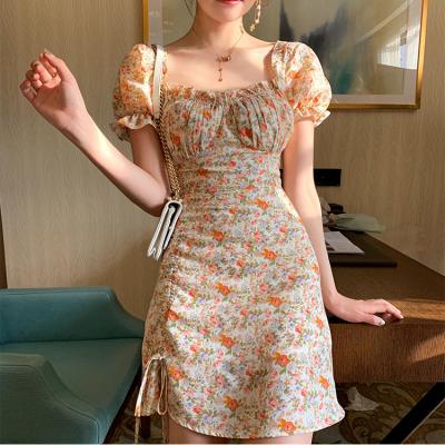 China Anti-Static Elegant Square Collar Drawstring Dress Women Floral Ruched Casual Short Sleeve Bohemian Floral Dresses Ladies Vestidos for sale