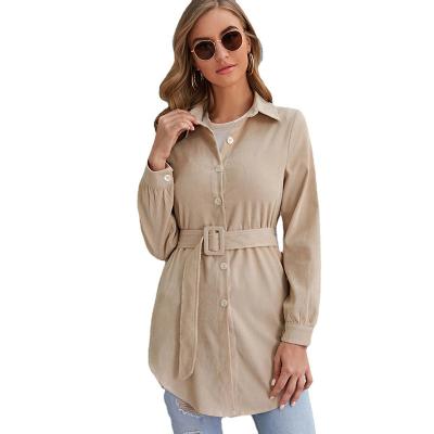 China Autumn Elegant Corduroy Turn Down Collar Long Sleeve Irregularity Blouse Shirts Dress Casual Women Cardigan Dresses Pockets for sale