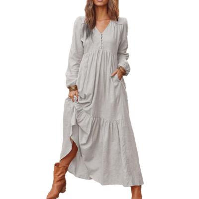 China Autumn Elegant Anti-Static V-neck Long Sleeve Ruched Bottom Edge Long Lady A Line Casual Pockets Maxi Dresses For Women Robe Vestidos for sale