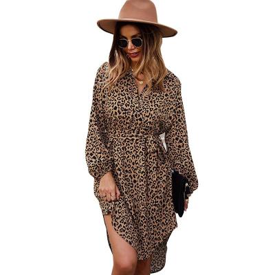 China 2021 New Women's Autumn Casual Irregularity Leopard Print Bandage Midi Dress Anti-Static Long Sleeve Turn Down Collar For Ladies Vestidos for sale