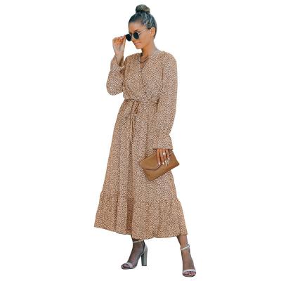 China Autumn Bohemian Long Sleeve Ruched Bandage Chiffon Dress Anti-Static Casual V-Neck Women's Lower Edge Dresses For Ladies Vestidos for sale