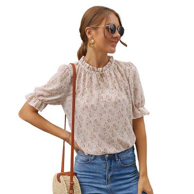 China 2022 New Summer Polyester Anti-wrinkle Casual Ruched 100% Backing Collar Loose Floral T-shirts For Women Button Back Adjust for sale