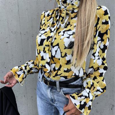 China Anti-pilling Autumn Casual Butterfly Print Bow Ruched Full Sleeve Stand Collar Blouse Women Tops Fashionable Shirts For Ladies Dressing for sale