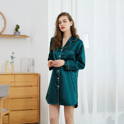 China Fashion Breathable Imitated Satin Sleep Shirts Dress With Pockets Ladies Long Sleeve Sheer Night Gowns Pajamas For Woman Robes for sale