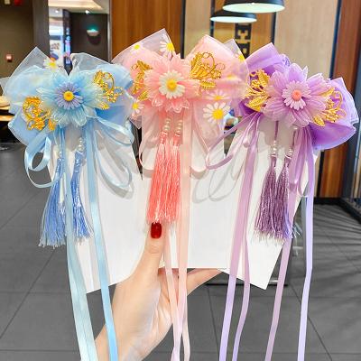 China Small Daisy Bow Long Ribbon Headdress Hanfu Flower Girls Hair Accessories Comfortable Hairpin Hair Accessories for sale