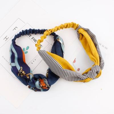 China Comfortable Creative Two Tone Color Chinese Stitching Bow Hair Band Vintage Satin Hair Band Cross Hair Accessories for sale