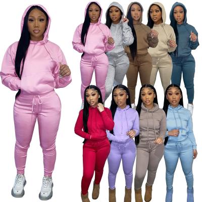 China 2021 Logo Anti-Wrinkle Women Custom Solid Bodycon Hoodie Long Sleeve Jacket And Long Sweatsuit Legging Two Piece Jogger Set Outfits for sale