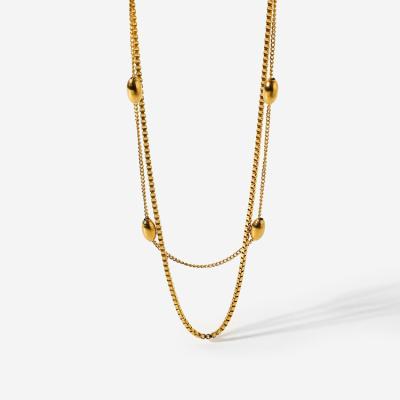 China New Hypoallergenic 18K Gold Plated Stainless Steel Jewelry Simple Oval Pearl Double Layer Box Chain Necklace For Girls for sale