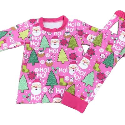 China Polyester/Cotton Christmas Day Girl Wearing Santa Claus Candy Christmas Tree Pattern Pink Girl Pajamas Set for sale