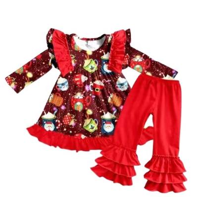 China Hot Sale Polyester/Cotton Christmas Girl Boys Clothing Outfits Long Sleeve Ruffle Tops With Printed Pants Clothing Sets for sale