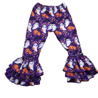 China High quality Halloween hot sale milk silk design wholesale girls ruffled pants kids boutique little girl pants for sale