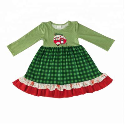 China Wholesale High Quality Polyester/Cotton Kids Girls Dress Cartoon Pattern Green Grid Dress Full Sheath Girl Dresses for sale