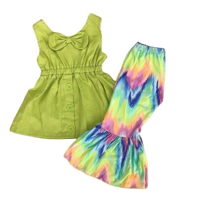 China Polyester/cotton short sleeve top kids clothes bell pants green top UK girl fashion clothes sets lovely girl outfit green color clothes for sale