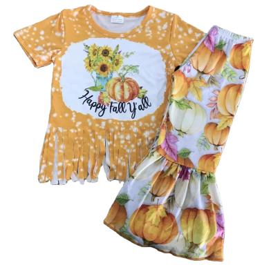 China Polyester / Cotton Thanksgiving Pumpkin Thanksgiving Girl Outfit 2020 Classic Baby Costume Tassels Girl Bell Bottom Outfit for sale