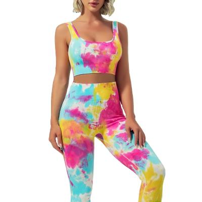 China New Arrival Women Breathable Tie Dye Ribbed High Rise Compression Yoga Leggings Push Up Padded Sports Bra Fitness Set for sale