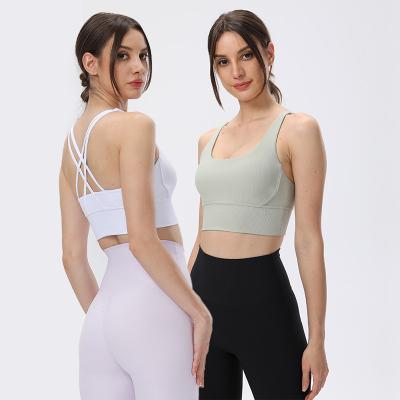 China Breathable Lift Up Compression Yoga Tops Gym Wear Custom Running Fitness Clothing Female Ribbed Logo Colors Yoga Sports Bra for sale