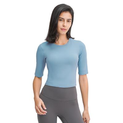 China New Colors Breathable Women Fitness Clothing Breathable Stretch Four Way Compression Recycled Fabric Yoga Running Tops for sale