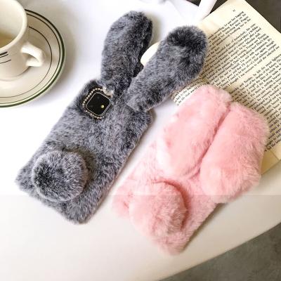 China Free Shipping Hot TPU Cover For iPhone 12 11 pro XS Max XR Max X 6S 7 8 Plus Diamond Cute Rabbit Ears Fur Fluffy Plush Phone Case for sale