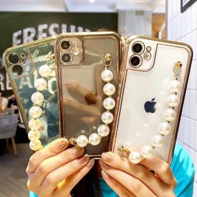 China free shipping Anti-drop mobile cover for iphone 11 pro case Max Mini X XR XS 7 max 12 8 plus pearl bracelet strap cell phone case for sale