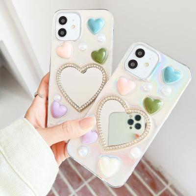 China Free Shipping Anti-fall 3D Heart Mirror Mobile Cover For iPhone 12 Pro Max Mini Fashion Girly Love Soft Cell Phone Case for sale