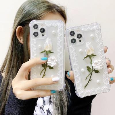 China Free Shipping Anti-fall 3D Flower Lace Mobile Cover For iPhone 12 Pro Case Max Mini Fashion Girl Soft Cell Phone Case for sale