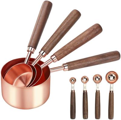 China Stocked Stainless Steel Gold Rose Gold Copper Measuring Cups And Spoons Set With Wooden Handle for sale