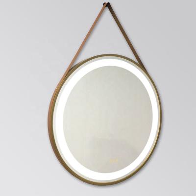 China Modern Creative Bathroom Decorative Wall Mounted LED Lighted Round Mirror With Leather Strap for sale