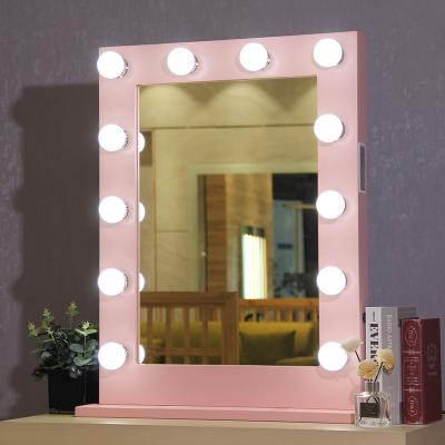 China Top Interpretation LED Lighted Desktop Pink Round Vanity Mirror Lighted Makeup Hollywood Smart Mirror for sale