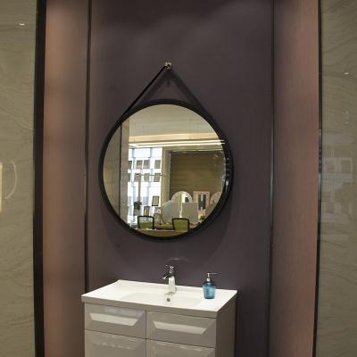 China High Quality Metal Framed Bathroom Wall Hanging Black Wall Mirror With Leather Strap for sale