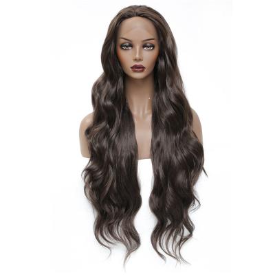 China 3*13 28 Inch Swiss Wave Yaki Long Body Lace Frontal Wig For Daily High Temperature Synthetic Lace Front Wig Women Colored Fiber SOKU for sale