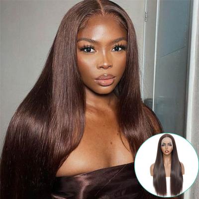 China New Factory Silky Straight Wave Middle Brown Color Yaki Synthetic Long Straight Lace Wigs Medium Hair Front Wig With Natural Hairline Part Wigs for sale