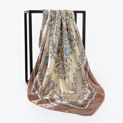 China 90x90 flower printed hijab supplier scarves muslim hijab 100%polyester top asler silky satin plain scarf women main shawl FJ145 for sale